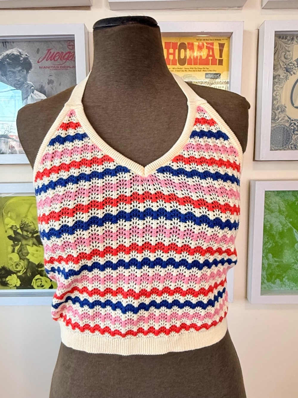 Y2K Crochet Halter Top – Retro Stripe Knit Festival Statement Piece